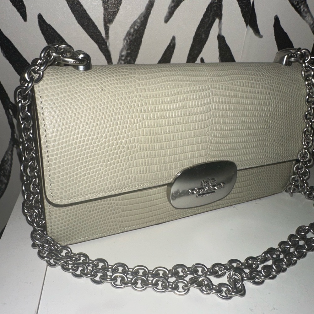 Coach Eliza Sage Green lizard Leather crossbody Bag with Silver Chain